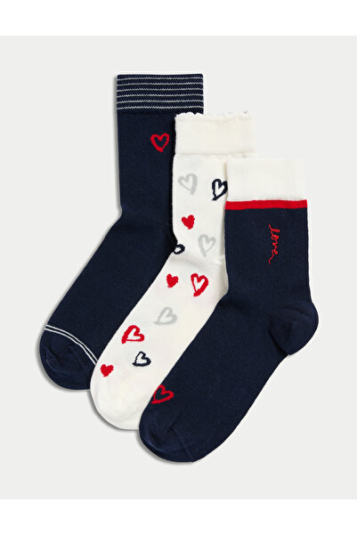 Marks & Spencer 3'lü Pamuklu Rich Love Heart Yüksek Bilek Çorap