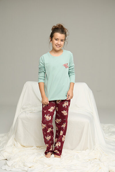 Siyah İnci Green Burgundy Koala Patterned Cotton Crew Neck Knitted Pajama Set 25241156