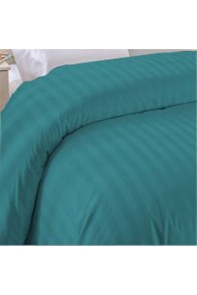 HomePuls Cearsaf de pat 2 persoane Damasc Bumbac 100% tip Hotel cu dunga 1 cm, 220 x 240 cm, Turcoaz