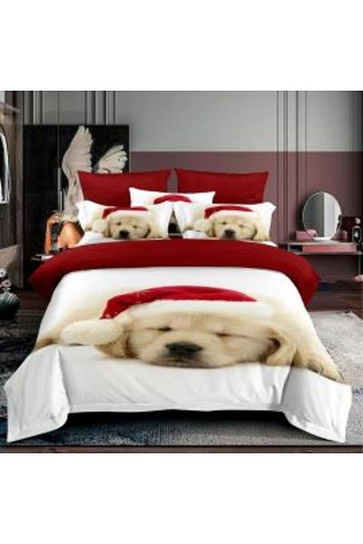 Ralex Finet 3 D cotton bed linen 1 person 3 pieces 160 x 230 cm, Puppies with a hat, White Red, P