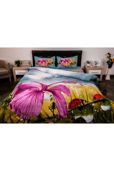 Ralex Double Bed Linen 4 Pieces 220 x 230 cm Digital Print 3D, Blue/Purple Flower and Ladybugs Mara G 5 Pu