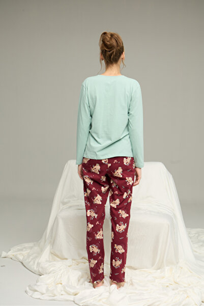 Siyah İnci Green Burgundy Koala Patterned Cotton Crew Neck Knitted Pajama Set 25241156