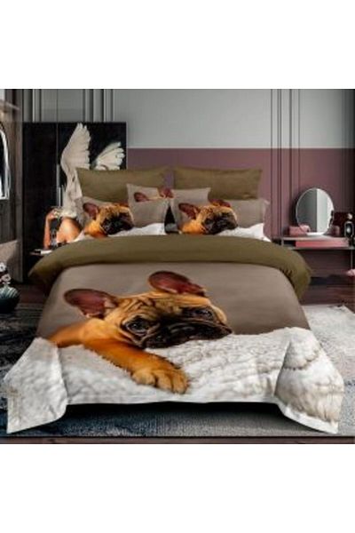 Ralex Single Bedding Set, Cotton Finet 3D, 3 Pieces, 160 x 230 cm, French Bulldog, Brown, Pucioasa F 1 P 2
