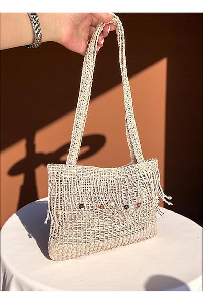 LEATHEROO Women's Beaded and Tasseled Cream Color Soft Straw Knitted Shoulder Bag