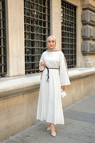 LOCCO Women's Knitted Tie Linen Dress Ecru