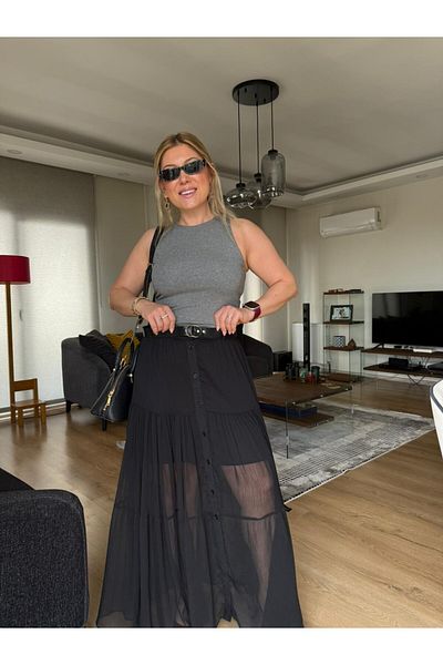 Serpirella Butik Belted Buttoned Chiffon Skirt