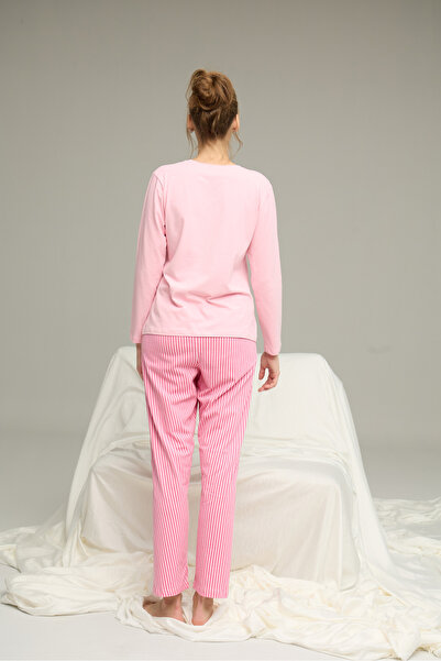 Siyah İnci pembe çizgi desenli Pamuklu Bisiklet Yaka Örme Pijama Takım25241138
