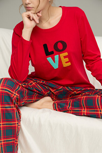 Siyah İnci kırmızı ekose desenli Pamuklu Bisiklet Yaka Örme Pijama Takım25241124