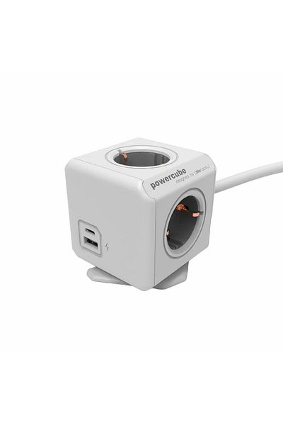 Allocacoc Prelungitor cubic, Powercube de la Allocacoc, 2xUSB, 4 prize, 1.5m, alb/gri