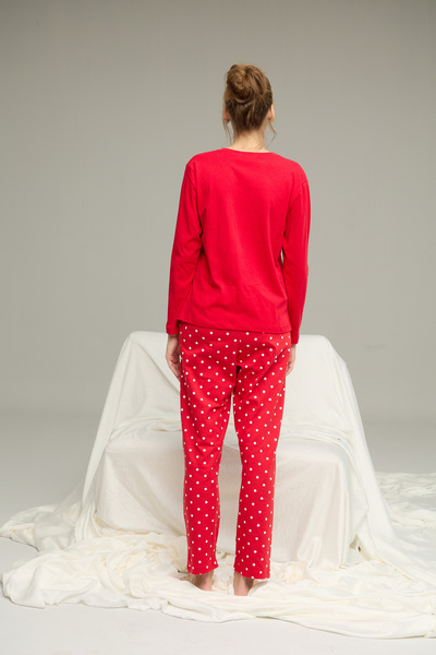 Siyah İnci kırmızı puan desenli Pamuklu Bisiklet Yaka Örme Pijama Takım25241137