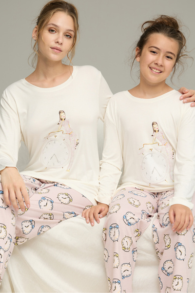 Siyah İnci Ecru Pink Watch Pattern Cotton Crew Neck Knitted Pajamas Suit25241152