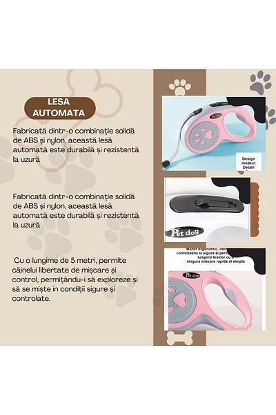 Flippy Lesă retractabilă automată, Flippy, pentru câini, 5m, 20 kg, ABS, roz/gri, 8x12x4 cm