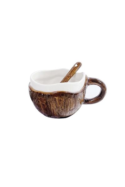 Primlife Cana din Ceramica Primlife, 201-300 ml, cu Lingurita, Design Nuca de Cocos, Maro