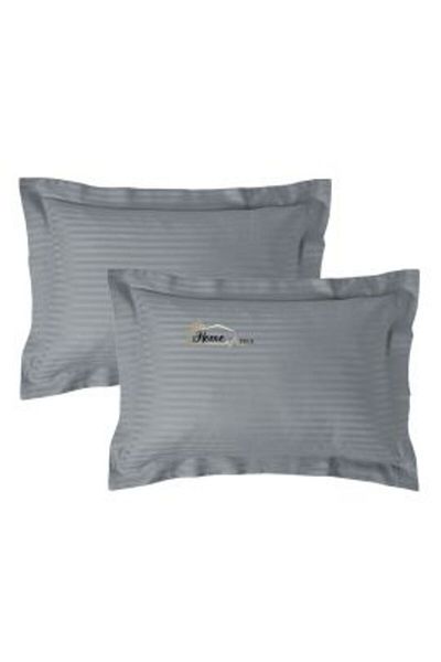 HomePuls Set 2 pillowcases Damask Polycotton stripe 1 cm, 50 x 70 cm with 3.5 cm border hem, Light Gray