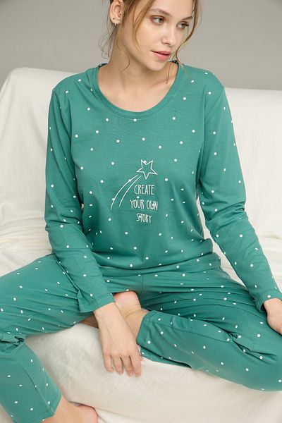 Siyah İnci Green Score Pattern Cotton Crew Neck Knitted Pajamas Suit25241154