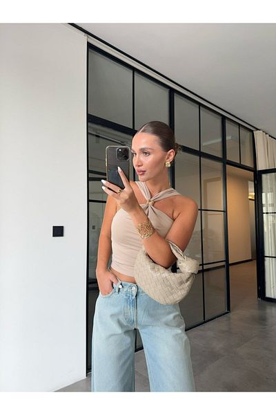 BB Bensu Buyruk Beige Bluz with Gold Accessories