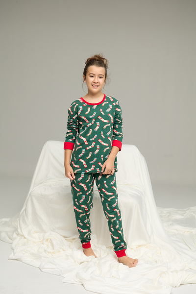 Siyah İnci yeşil desenli Pamuklu Bisiklet Yaka Örme Pijama Takım25241133