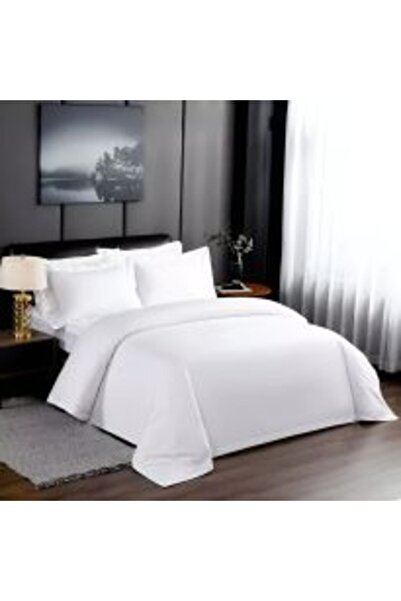 HomePuls Lenjerie pat cu elastic la cearsaf Damasc Bumbac 100% tip Hotel, dunga 1 cm, 4 piese, Alb