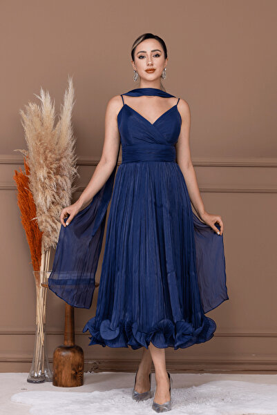 BEYBOS Kırinkıl Saten Kumaş Askılı Midi Boy Elbise - LACİVERT