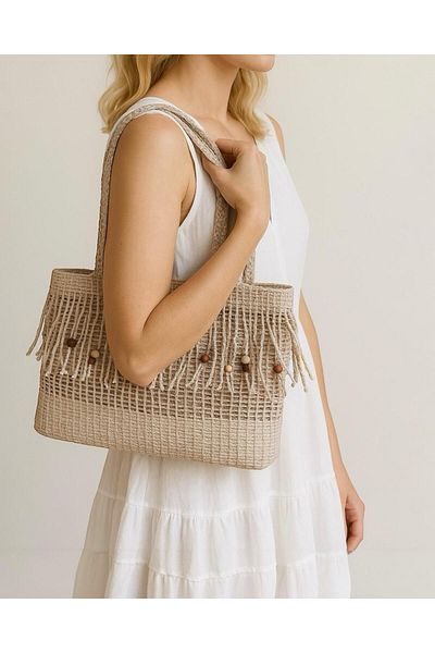 LEATHEROO Women's Beaded and Tasseled Cream Color Soft Straw Knitted Shoulder Bag