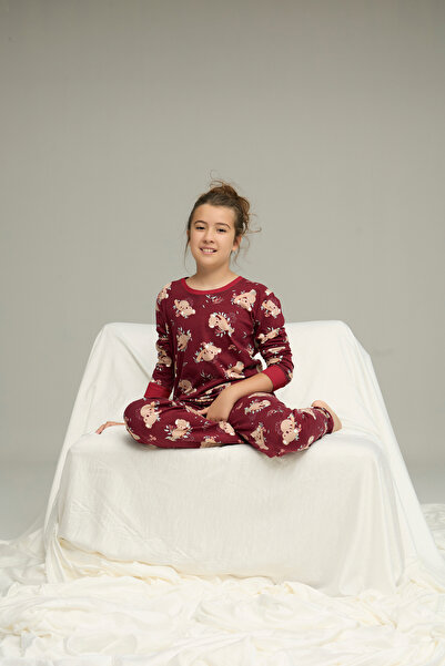 Siyah İnci bordo koala desenli Pamuklu Bisiklet Yaka Örme Pijama Takım25241141