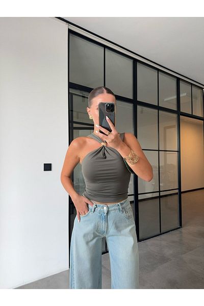 BB Bensu Buyruk Khaki Bluz with Gold Accessories