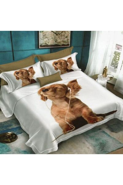 Ralex Double Bed Linen Cotton Finet 3D 6 Pieces 220 x 240 cm, Happy Puppies, Beige, Pucioasa FN 3D 28
