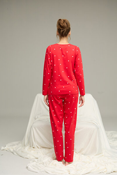 Siyah İnci Red Heart Pattern Cotton Crew Neck Knitted Pajamas Suit25241158
