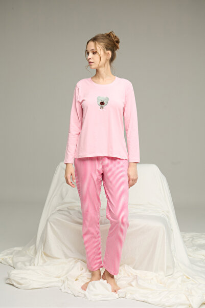 Siyah İnci pembe çizgi desenli Pamuklu Bisiklet Yaka Örme Pijama Takım25241138