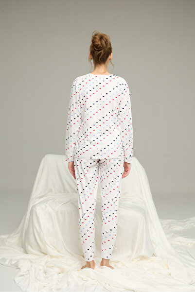 Siyah İnci beyaz kalp desenli Pamuklu Bisiklet Yaka Örme Pijama Takım25241125