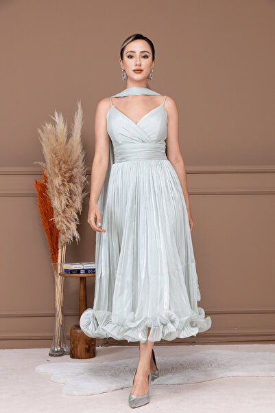 BEYBOS Kırinkıl Saten Kumaş Askılı Midi Boy Elbise - MİNT YEŞİLİ