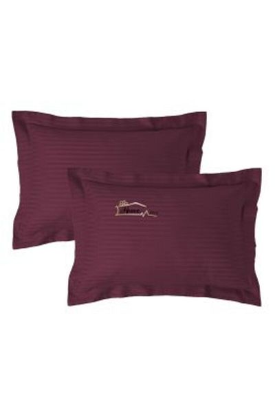 HomePuls Set 2 pillowcases Damask polycotton stripe 1 cm, 50 x 70 cm with 3.5 cm border hem, Burgundy Red