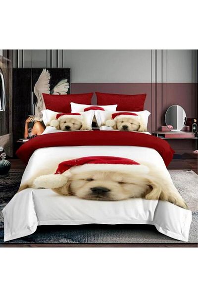 Ralex Finet 3 D cotton bed linen 1 person 3 pieces 160 x 230 cm, Puppies with a hat, White Red, P