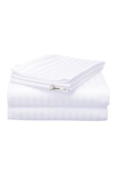 HomePuls King Size Double Bed Sheet Damask Polycotton Stripe 1 cm, 230 x 260 cm, White