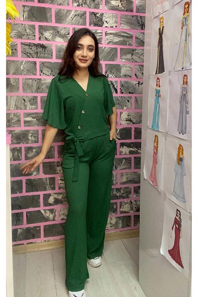 EGELİMODA Bürümcük Green Buttoned Tie-Up Summer Double Suit
