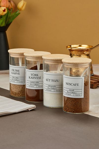 MODA OZY 4-Piece 500ml Wooden Lid Filter Coffee&Turkish Coffee&Nescoffe&Milk Jar Storage Container with Label