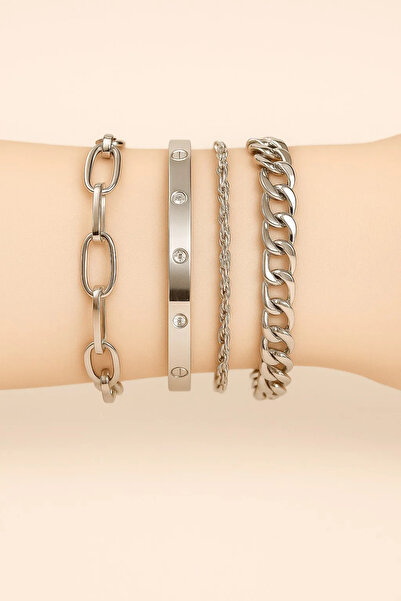 NEMOPHİLA Silver Color 4-Piece Women's Steel Bracelet Combination Set Stylish Jewelry Accessory
