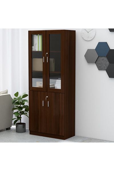 Mahmayi Argent 1123 Full Height Bookshelf, Cabinet with Glass Doors Without Digital Lock, Dark Walnut
