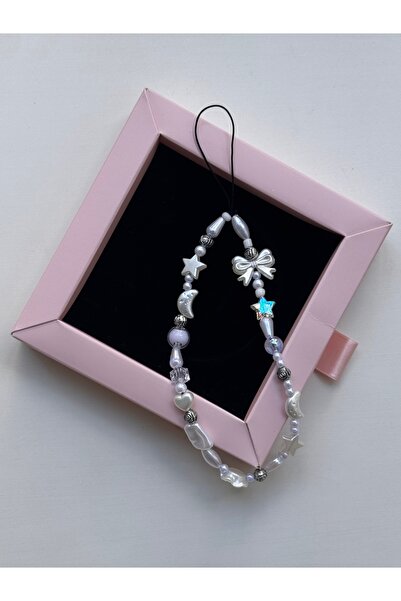 WhimsyWhite حلية هاتف على شكل نجمة وردية فضية على شكل فيونكة Y2K، حزام هاتف أبيض، زينة هاتف بحبل أسود