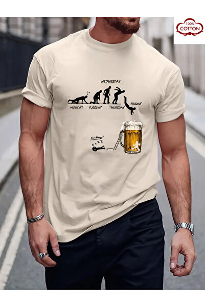 İSMTEXS Sıfır Yaka Ünisex Basik Kısa Kollu Bira Bardağı Temalı Baskılı Penye T-Shirt