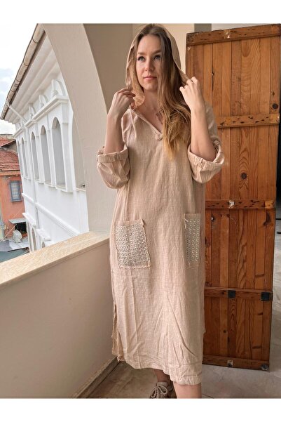 AGORATEKSTİL Γυναικείο μακρύ φόρεμα με κουκούλα με 2 τσέπες