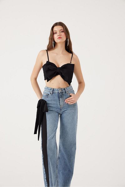 HOLLY LOLLY High Waist Ribbon Detailed Wide Leg Kyla Jean Trousers Black