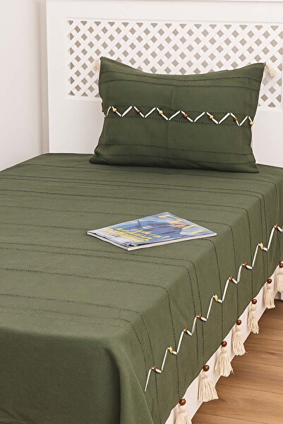 Rivaİstanbul Luna Khaki Beaded Tasseled 100% Cotton Single Bedspread Set