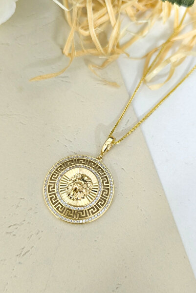 Aslı Gold Taşlı Altın Madalyon Aslan Kolye