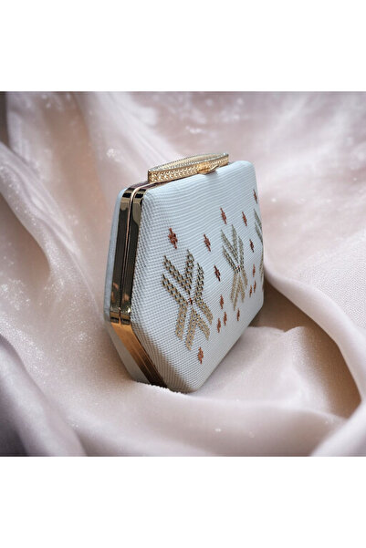 Telli Art White Wire Bridal Bag – Copper and Silver Embroidered, Chain, 16×23 cm