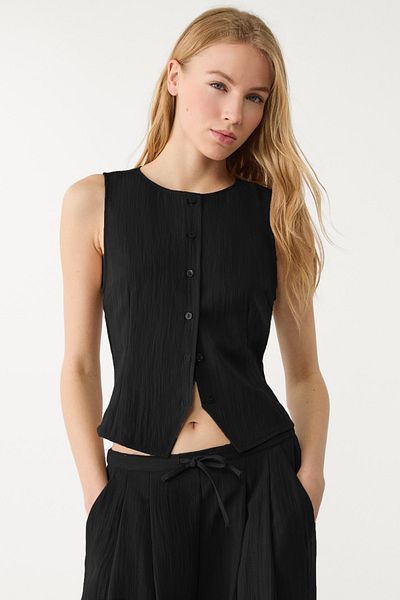 VODENS Women's Black Button and Textured Ball Vest