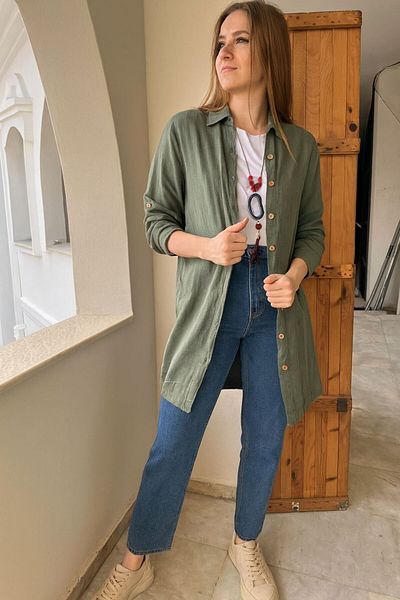 AGORATEKSTİL Women's Complete Buttoned Linen Cotton Shirt Oversize