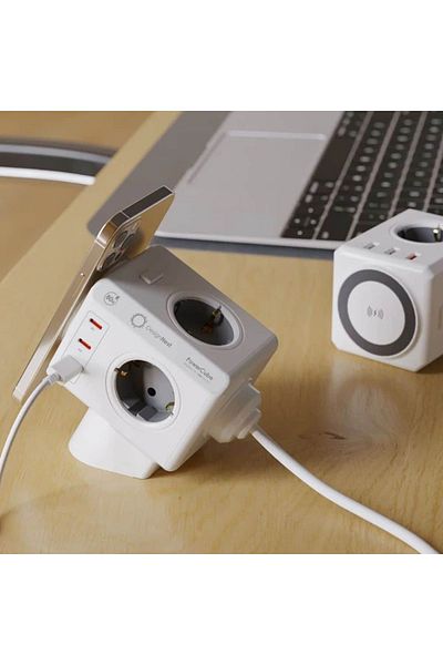 Allocacoc Cubic extension cord with wireless charging, Powercube, 6xUSB, 3 sockets, 1.5m, white/gray