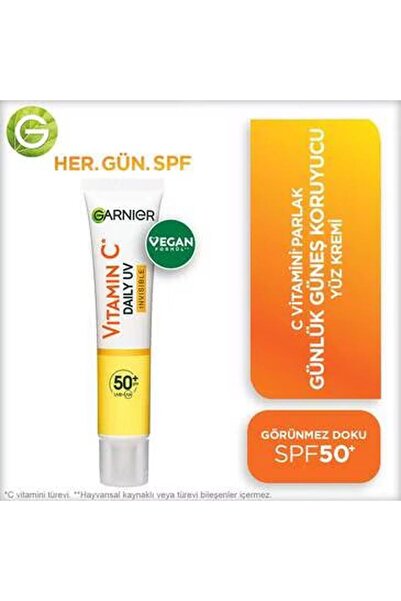 Garnier C Vitamini Parlak Günlük Güneş Koruyucu Fluid Yüz Kremi Görünmez Doku SPF50+ 40ml