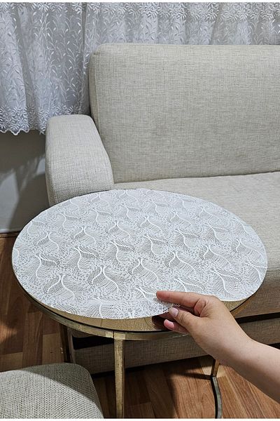 Rona Home Husă pentru masă de cafea rotundă medie din PVC ștergabilă modernă cu model din dantelă BEJ CREAM